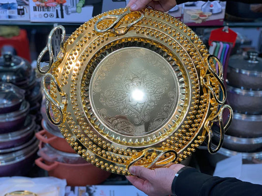 Golden Serving Trays Circle Shape with Stylish Handles 3 in 1