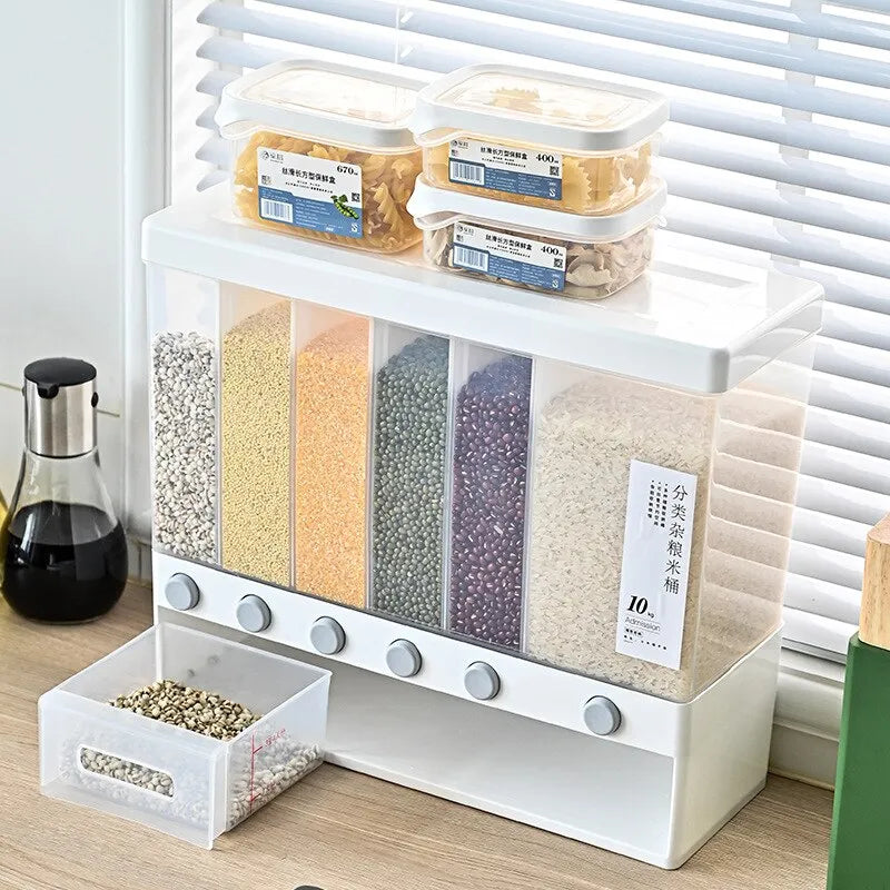 Gawadar Import™ Rice Grain Beans Dispenser 6 Girds Pest-Proof Rack Sealed Food Storage Box for Kitchen and Home Kitchen Dispenser